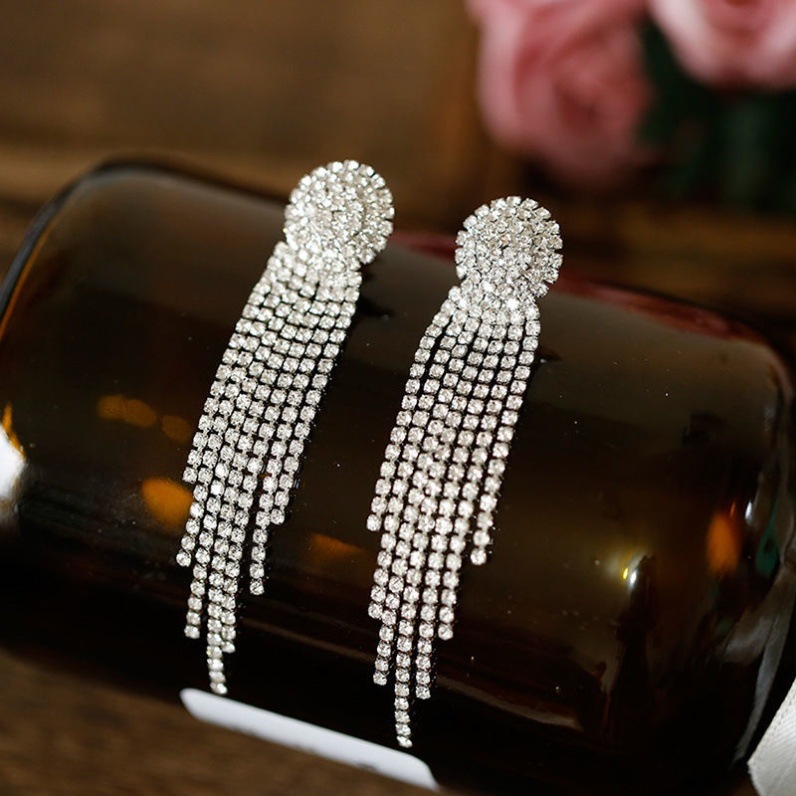 Silver needle Korean style fashion earrings earrings female bride temperament long tassel diamond earrings without pierced ear clips