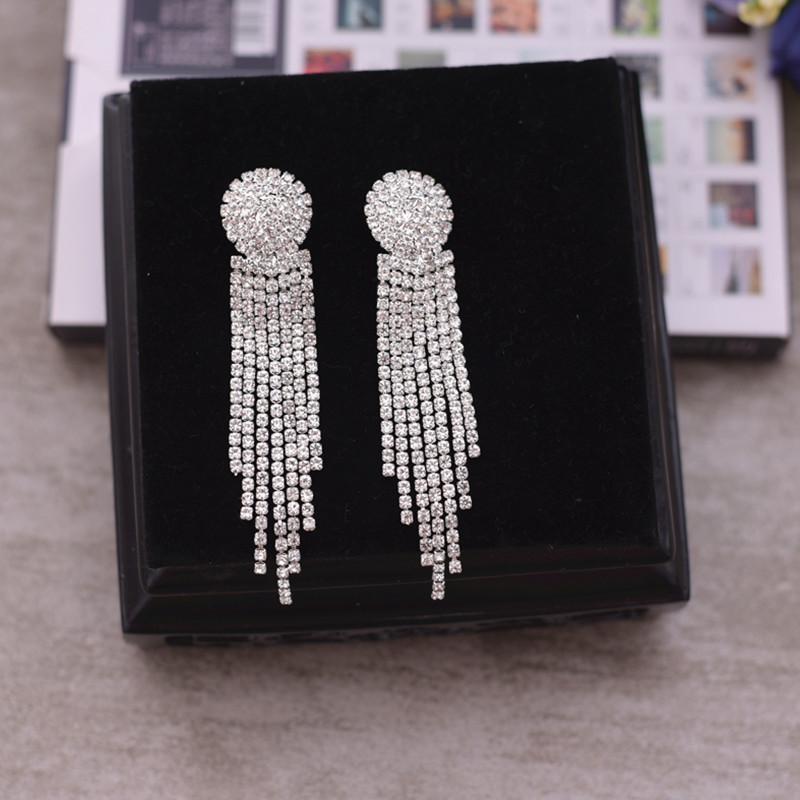 Silver needle Korean style fashion earrings earrings female bride temperament long tassel diamond earrings without pierced ear clips
