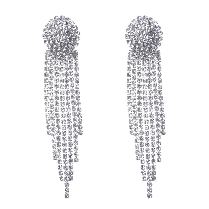 Silver needle Korean style fashion earrings earrings female bride temperament long tassel diamond earrings without pierced ear clips