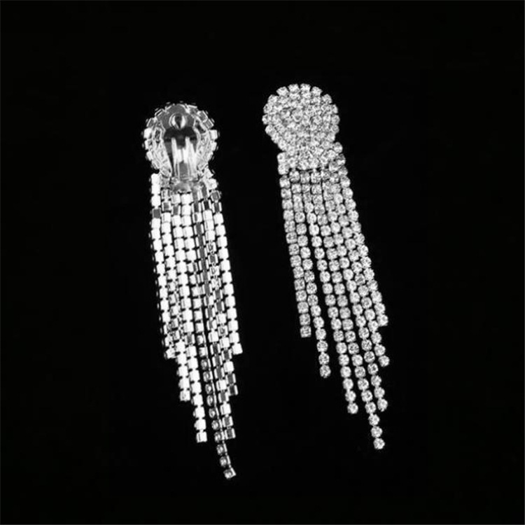 Silver needle Korean style fashion earrings earrings female bride temperament long tassel diamond earrings without pierced ear clips