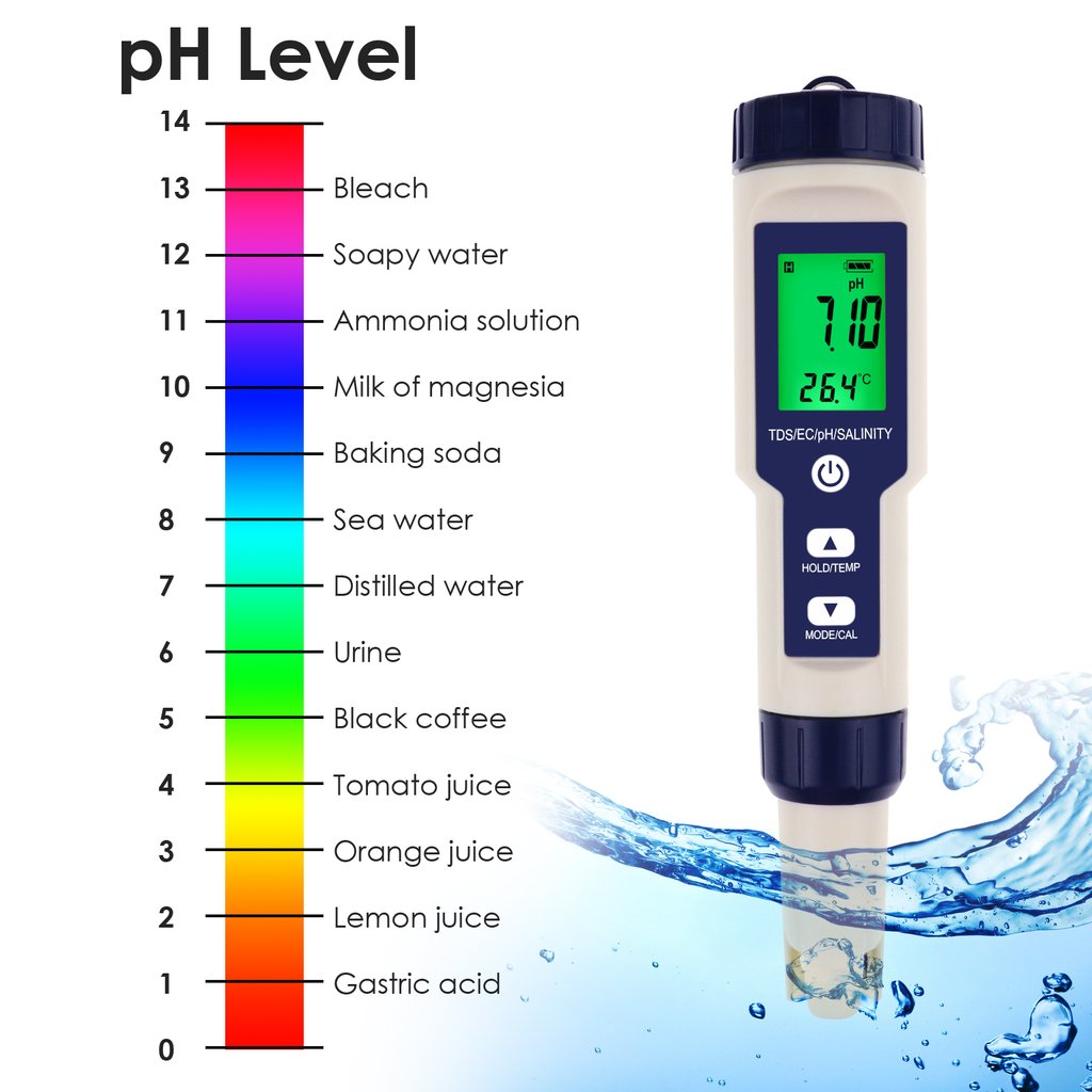 Pentype Multi-Paramater 5-in-1 Water Quality Tester pH/TDS/EC/Temp/Salinity Waterproof Digital Meter for Aquarium Analysis