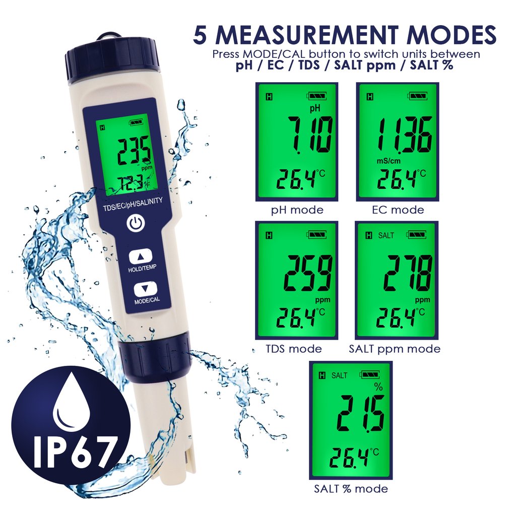 Pentype Multi-Paramater 5-in-1 Water Quality Tester pH/TDS/EC/Temp/Salinity Waterproof Digital Meter for Aquarium Analysis