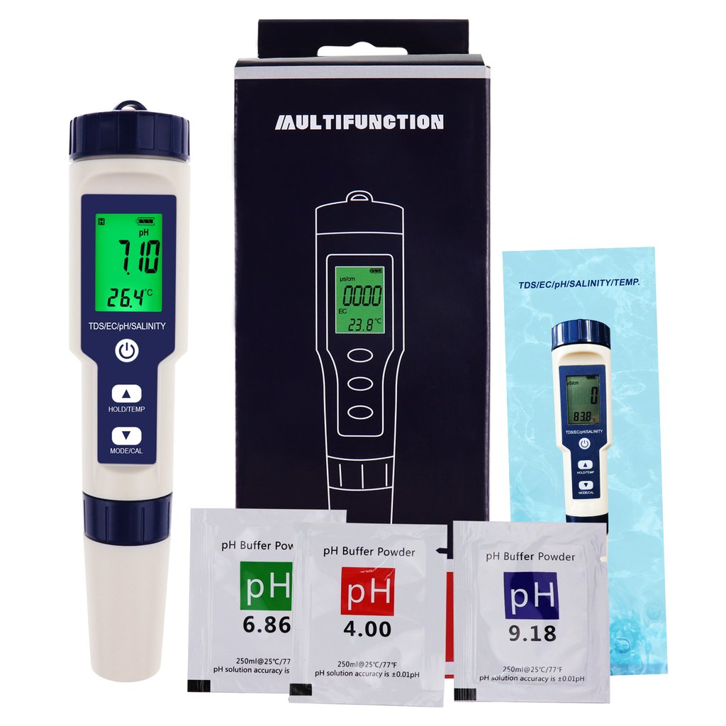 Pentype Multi-Paramater 5-in-1 Water Quality Tester pH/TDS/EC/Temp/Salinity Waterproof Digital Meter for Aquarium Analysis