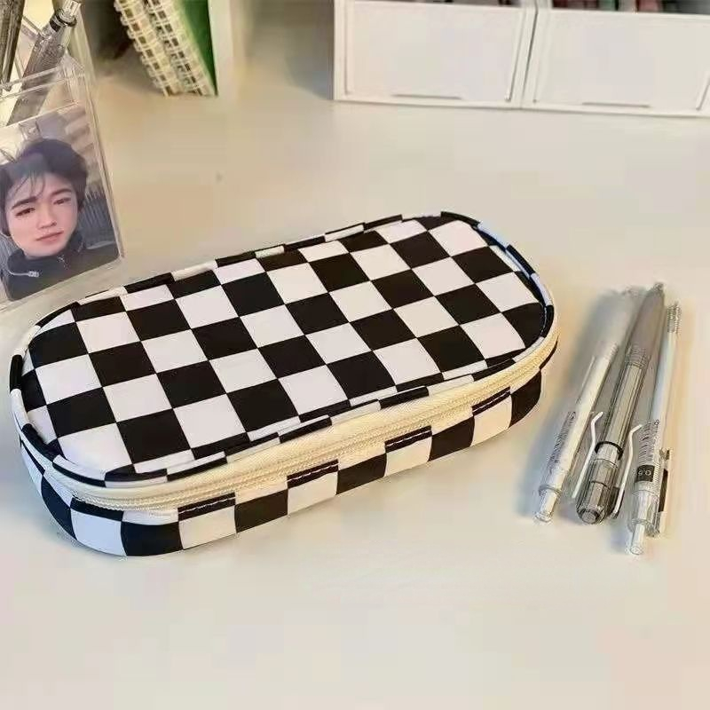 ins style niche black and white checkerboard milk pencil case large capacity student lattice storage bag stationery pencil case