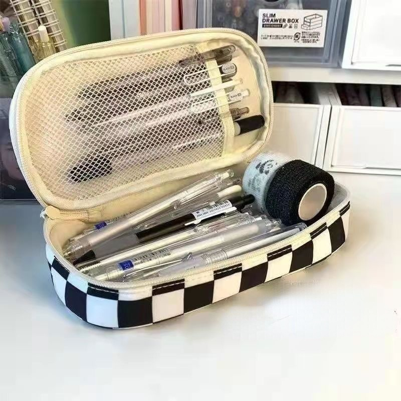 ins style niche black and white checkerboard milk pencil case large capacity student lattice storage bag stationery pencil case