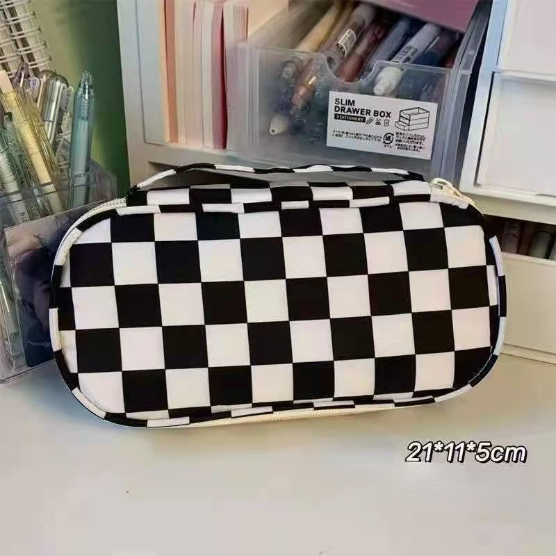 ins style niche black and white checkerboard milk pencil case large capacity student lattice storage bag stationery pencil case
