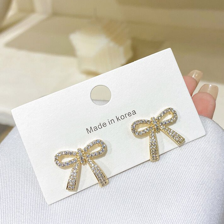 Zircon micro-encrusted bow earrings tide silver needle super flash delicate sweet temperament earrings