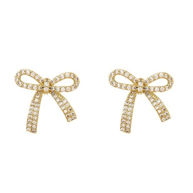 Zircon micro-encrusted bow earrings tide silver needle super flash delicate sweet temperament earrings