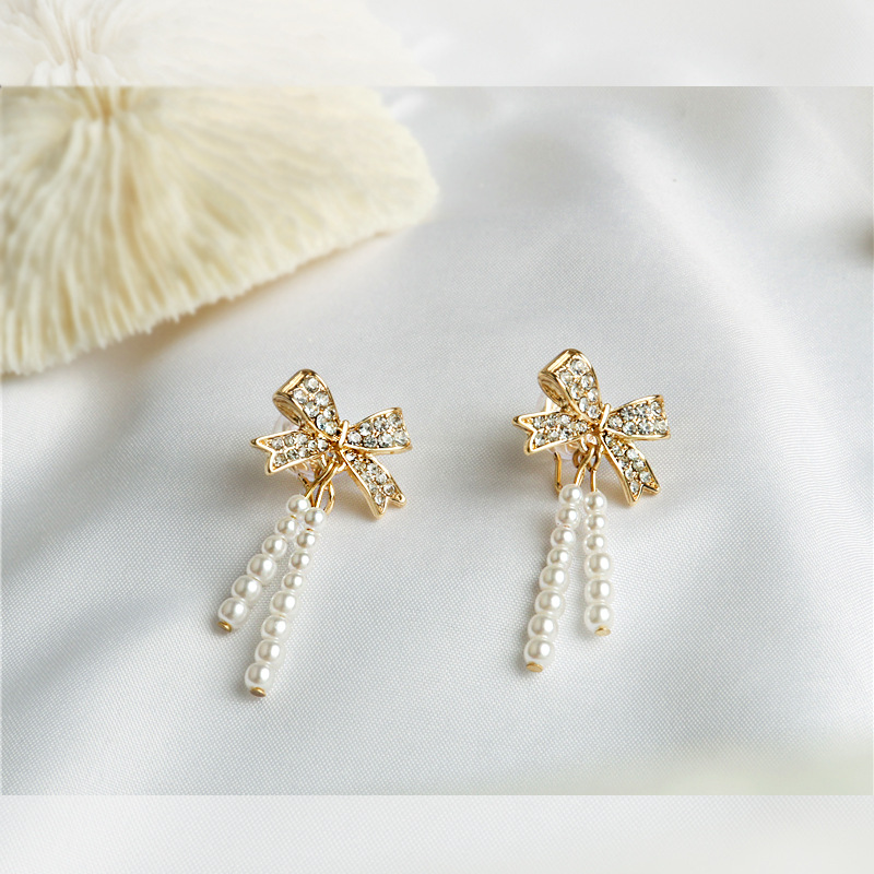 Diamond Bow Mosquito Coil Plate Ear Clips Long French Pearl Ear Clips Without Ear Holes
