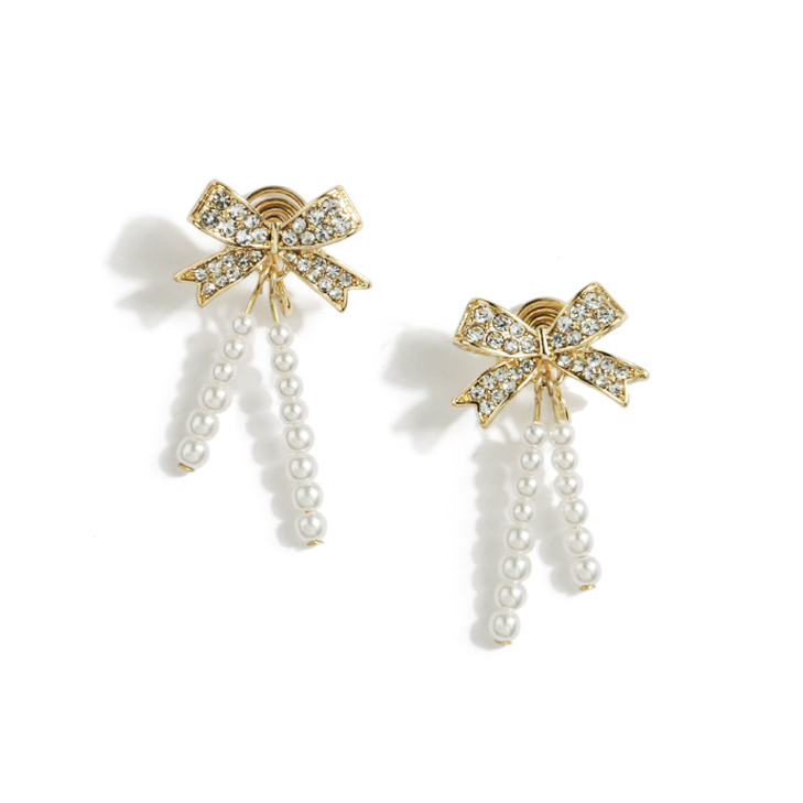 Diamond Bow Mosquito Coil Plate Ear Clips Long French Pearl Ear Clips Without Ear Holes