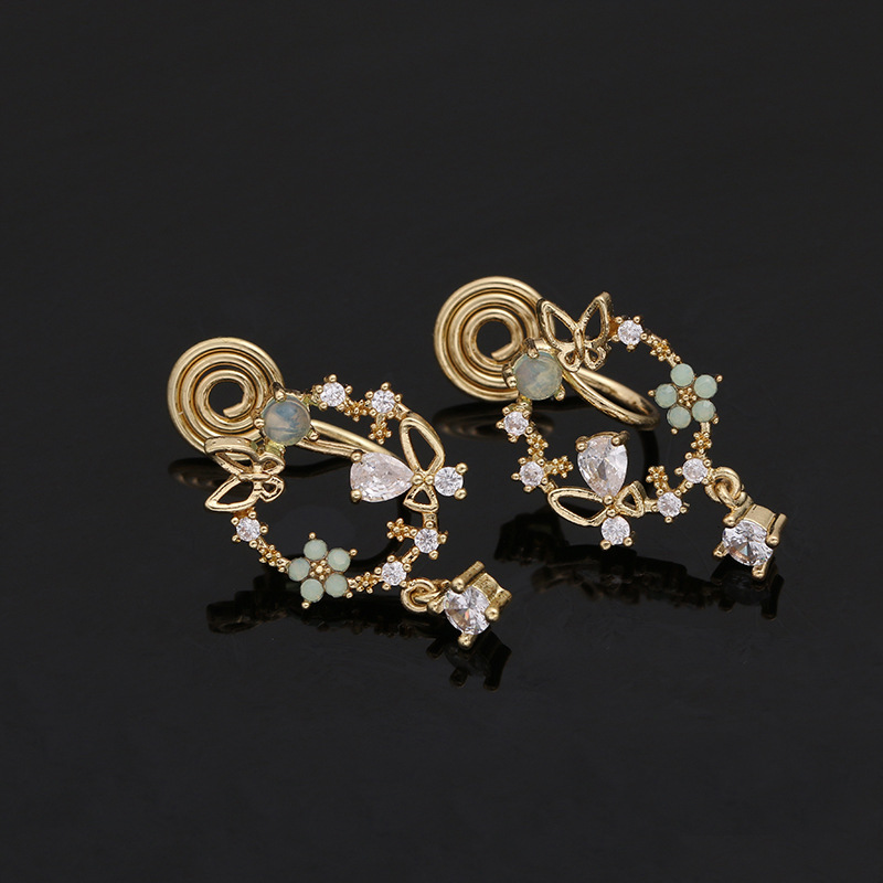 Mosquito coil ear clip fairy green garland transparent ear pierced ear jewelry zircon butterfly stud earrings