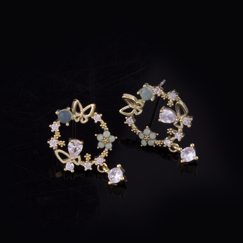 Mosquito coil ear clip fairy green garland transparent ear pierced ear jewelry zircon butterfly stud earrings