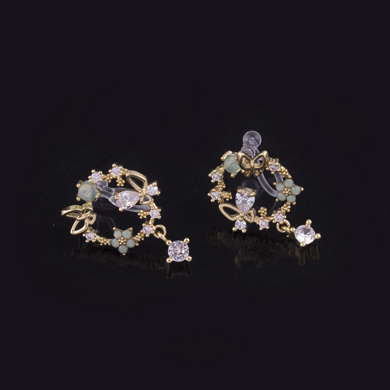 Mosquito coil ear clip fairy green garland transparent ear pierced ear jewelry zircon butterfly stud earrings