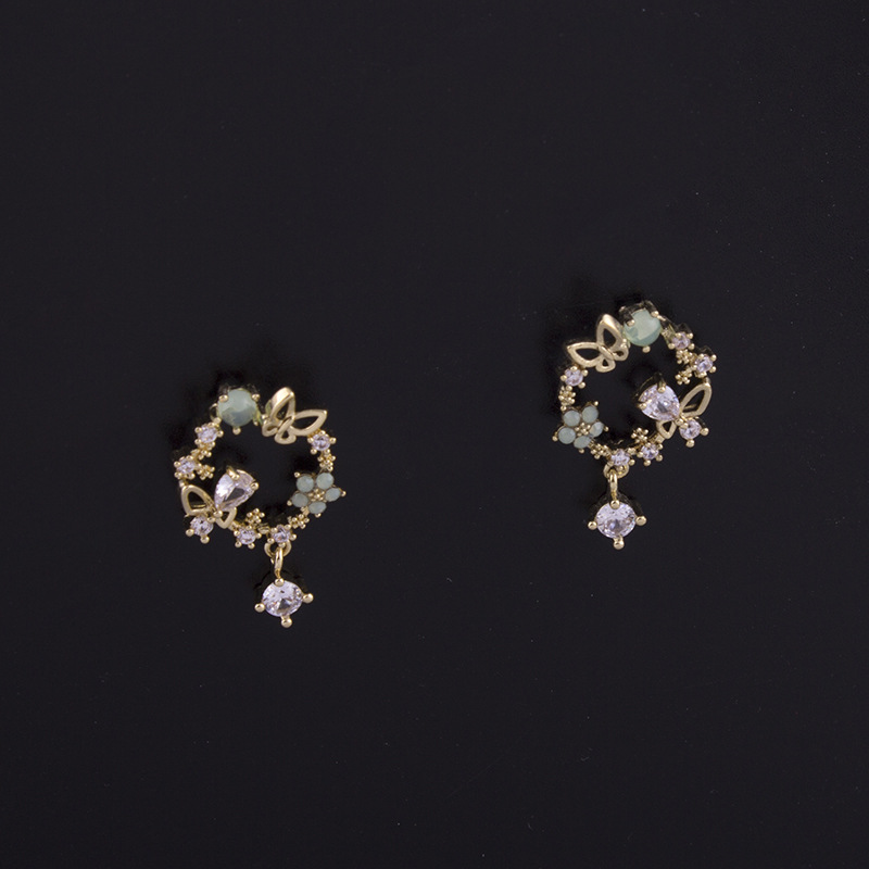 Mosquito coil ear clip fairy green garland transparent ear pierced ear jewelry zircon butterfly stud earrings