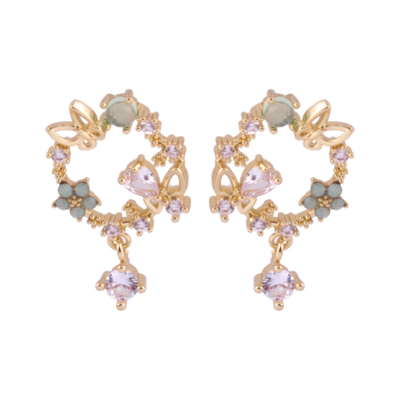 Mosquito coil ear clip fairy green garland transparent ear pierced ear jewelry zircon butterfly stud earrings