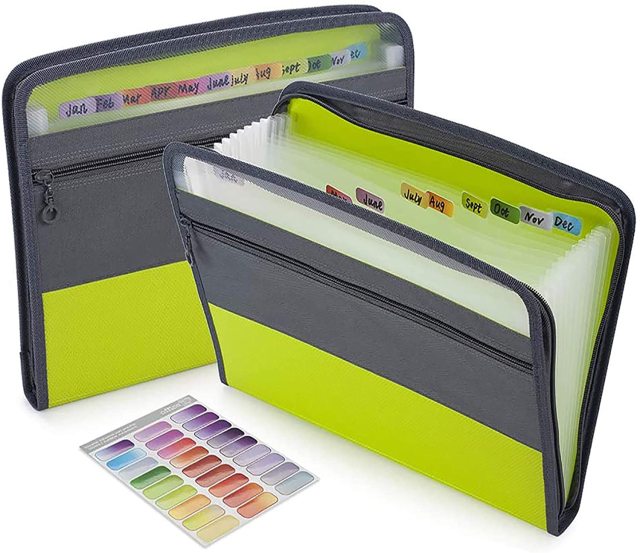 A4 Expanding File Folder with Sticky Labels 13 Pockets Accordion Document Organizer Expanding File Folder with Zipper Closure