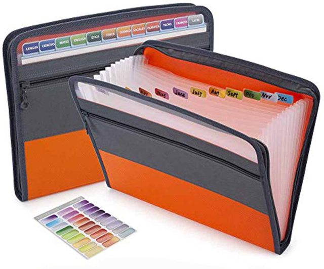 A4 Expanding File Folder with Sticky Labels 13 Pockets Accordion Document Organizer Expanding File Folder with Zipper Closure