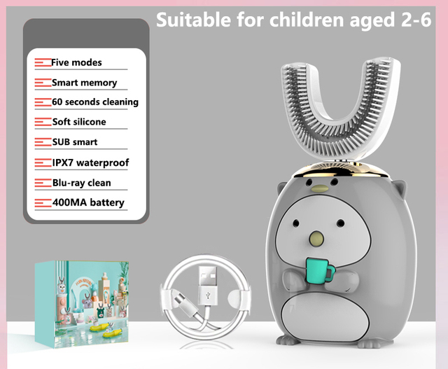 U 360 Degrees Children Sonic Electric Toothbrush Cartoon Pattern USB Charger Blu-ray clean Silicone Kids Tooth Brush