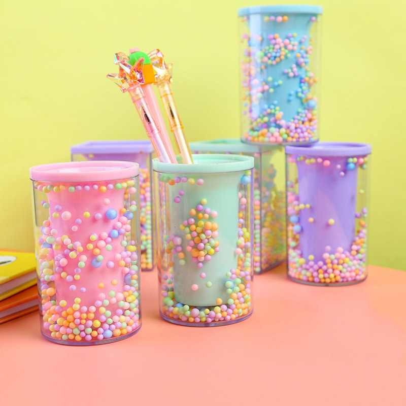 Creative Desktop Large Capacity Squar Shape Pencil Case Cute Foam Ball Style Transparent Pen Holder Decoration Storage