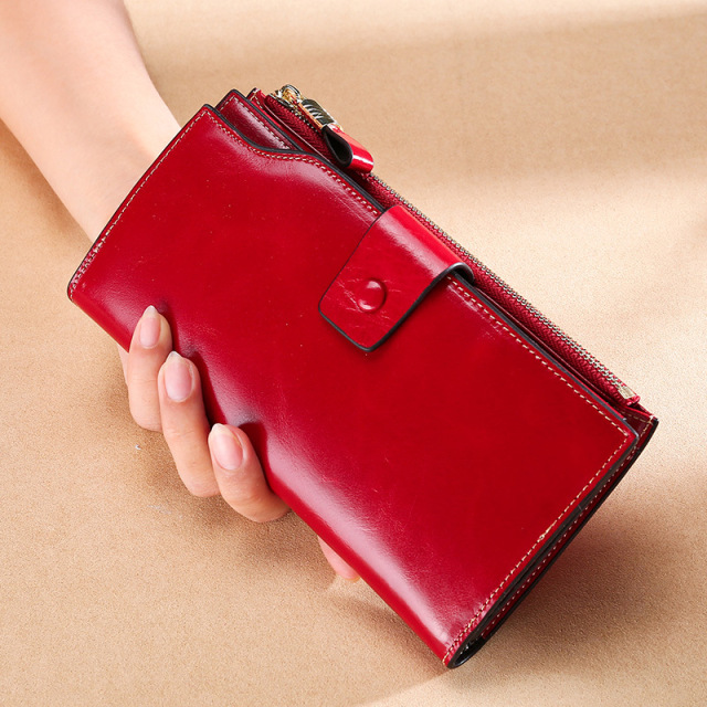 Blocking Genuine Leather Women Wallet Long Lady Leather Purse Brand Design Luxury Oil Wax Leather Female Wallet Coin Purse