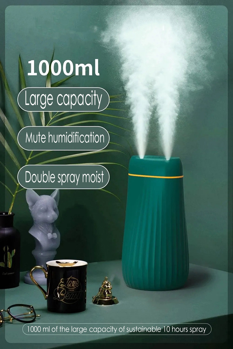 1000ML Double Spay Ultrasonic Air Humidifier USB Rechargeable 2000mAh Battery Mist Maker Aromatherapy Diffuser for Home Office