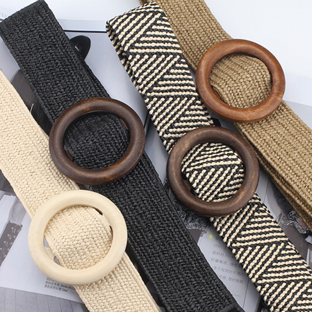 Vintage Boho Braided Waist Belt Summer Solid Female Belt Round Wooden Smooth Buckle Fake Straw Wide Belts For Women