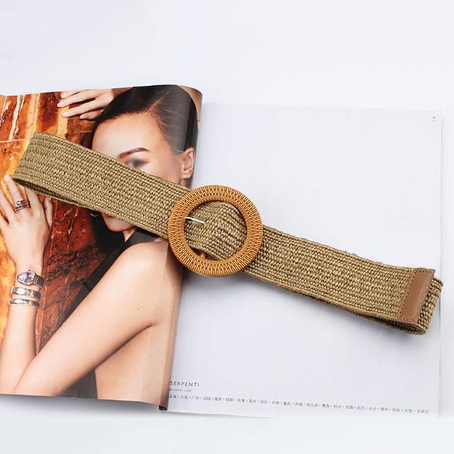 Vintage Boho Braided Waist Belt Summer Solid Female Belt Round Wooden Smooth Buckle Fake Straw Wide Belts For Women