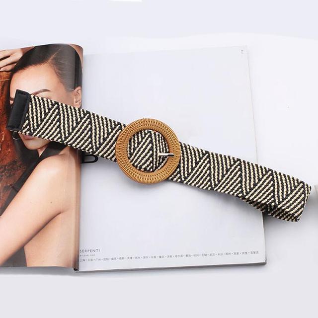 Vintage Boho Braided Waist Belt Summer Solid Female Belt Round Wooden Smooth Buckle Fake Straw Wide Belts For Women