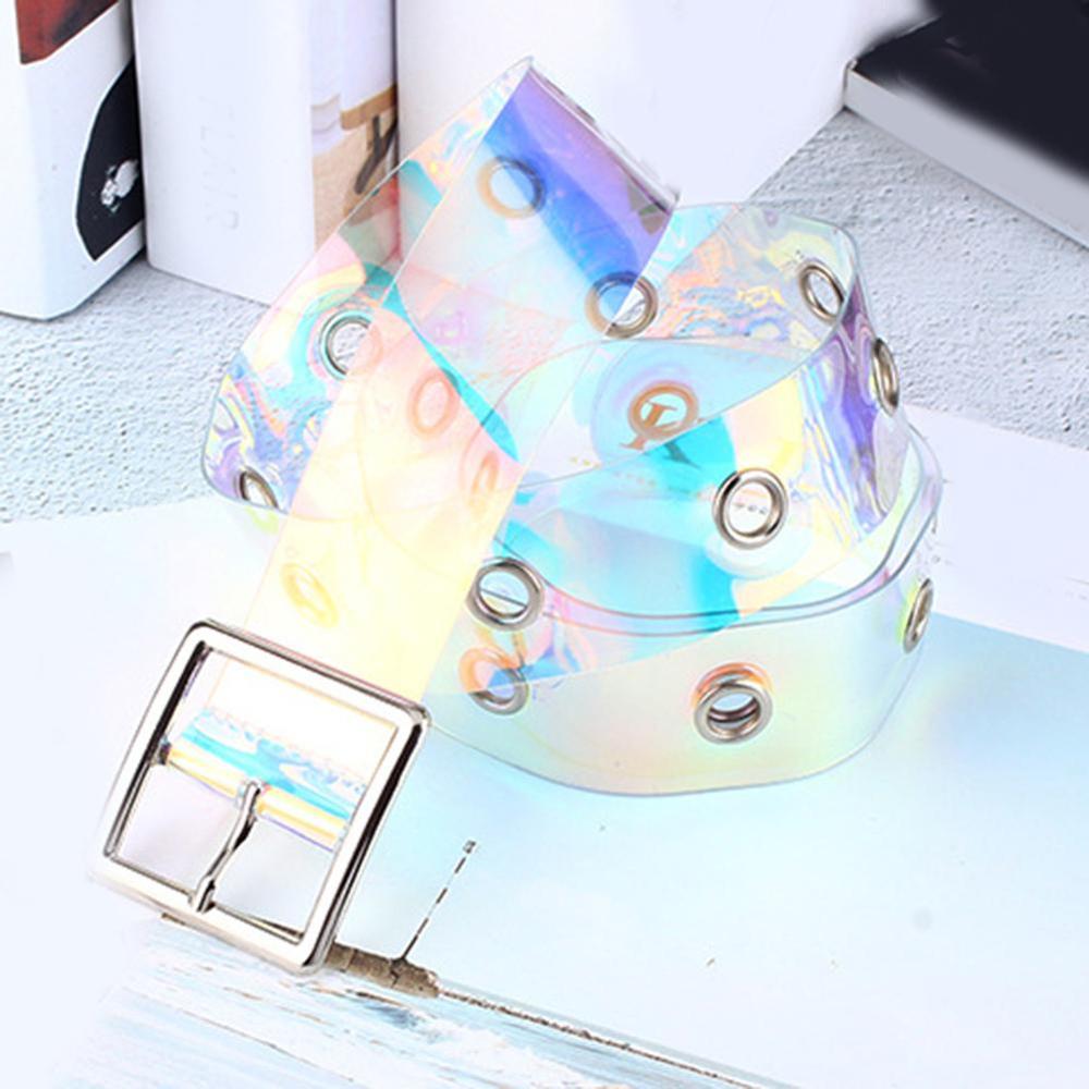 New Laser Women Belt Holographic Clear Waist Belt Metal Pin Buckle  Transparent Waist Belts for Women Belt Waistband 90cm-120cm