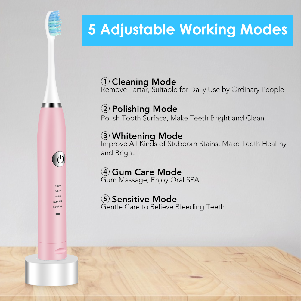 Sonic Electric Toothbrush for Adults 6 Mode Smart Timer Whitening Tooth Brushes IPX7 Waterproof USB Charger 3 Replaceable Head