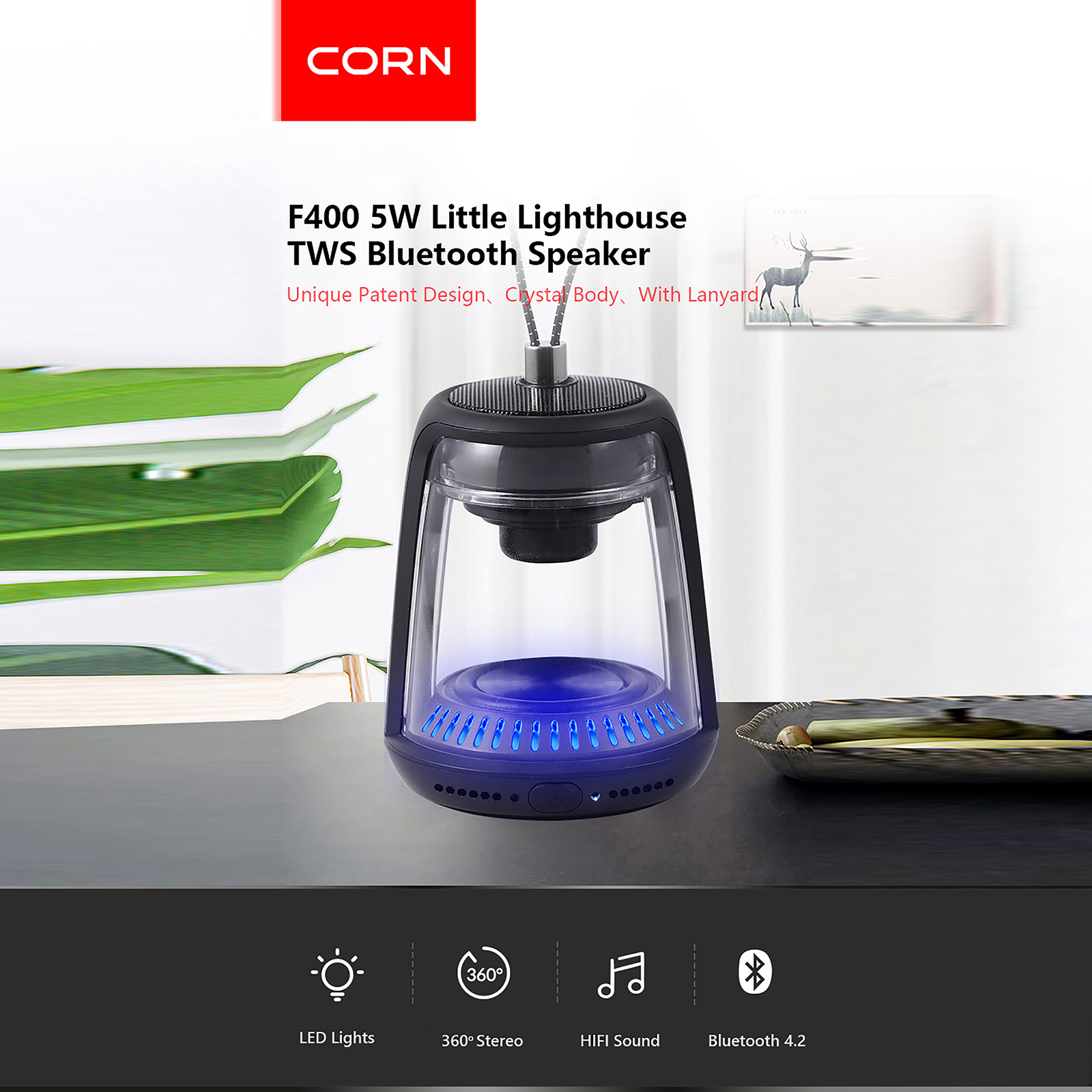 Wireless Bluetooth Speaker Portable Hanging Mini Lighthouse Speakers with Colourful Lamp Stereo Surround Sound System Subwoofer
