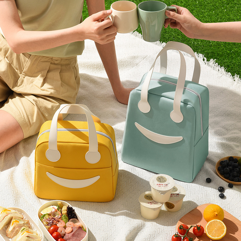 New cartoon smiley face insulated Handbag zipper rice bag school food storage bag picnic box tote bag refrigerated lunch bag