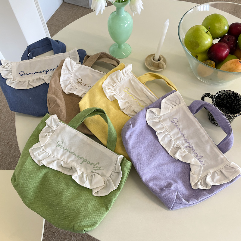 Sweet Ruffled Lunch Bag Korean Style Canvas Small Handbag Solid Color Women Cute Lunch Box Bags Children School Lunch Pouch
