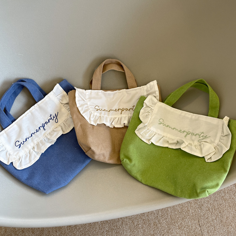 Sweet Ruffled Lunch Bag Korean Style Canvas Small Handbag Solid Color Women Cute Lunch Box Bags Children School Lunch Pouch