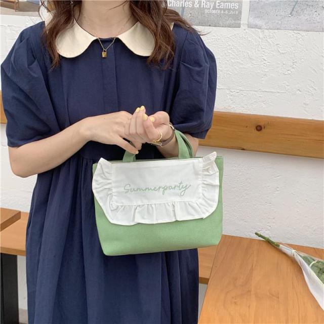 Sweet Ruffled Lunch Bag Korean Style Canvas Small Handbag Solid Color Women Cute Lunch Box Bags Children School Lunch Pouch