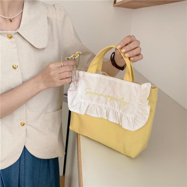 Sweet Ruffled Lunch Bag Korean Style Canvas Small Handbag Solid Color Women Cute Lunch Box Bags Children School Lunch Pouch