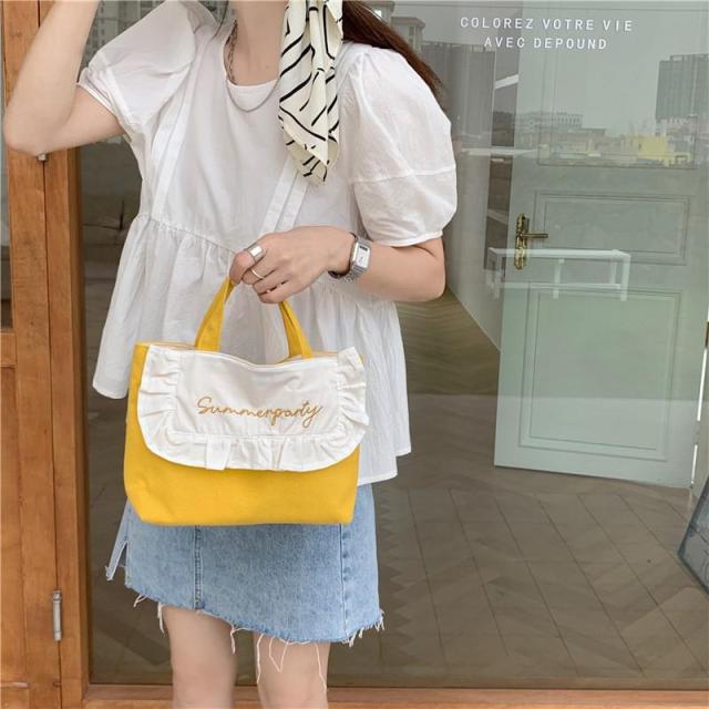 Sweet Ruffled Lunch Bag Korean Style Canvas Small Handbag Solid Color Women Cute Lunch Box Bags Children School Lunch Pouch