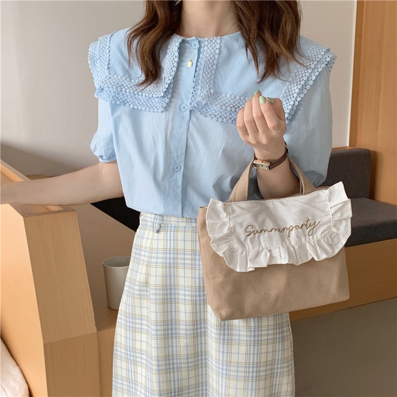 Sweet Ruffled Lunch Bag Korean Style Canvas Small Handbag Solid Color Women Cute Lunch Box Bags Children School Lunch Pouch