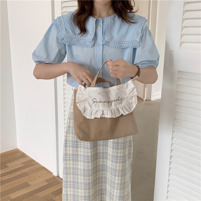 Sweet Ruffled Lunch Bag Korean Style Canvas Small Handbag Solid Color Women Cute Lunch Box Bags Children School Lunch Pouch