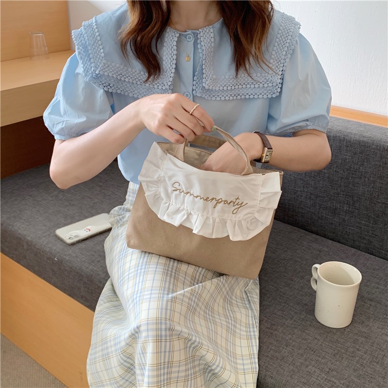 Sweet Ruffled Lunch Bag Korean Style Canvas Small Handbag Solid Color Women Cute Lunch Box Bags Children School Lunch Pouch