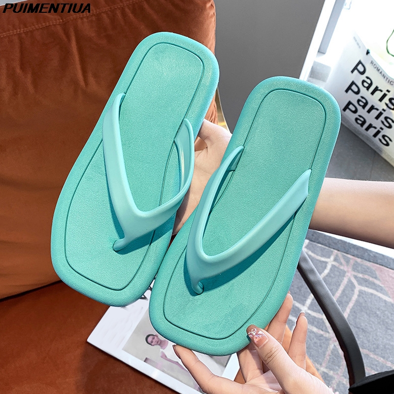 Fashion Beach Flip Flops Women Summe Indoor Outdoor Bathroom Flat Slippers Soft Sole Non Slip Shoes Square Toe Sandals