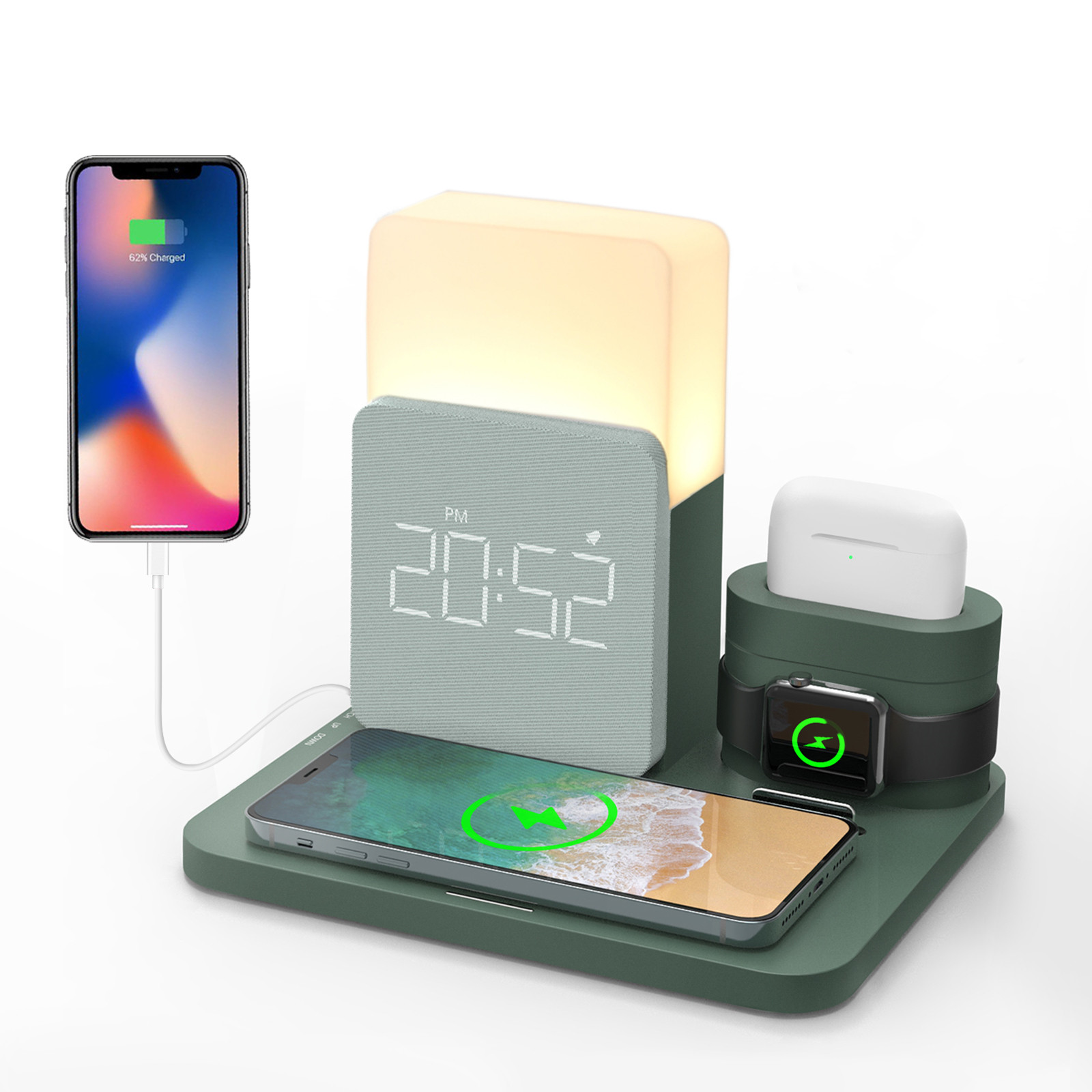 4 in 1 Fast Wireless Charger LED Light Bedside Lamp With Alarm Clock Desk Lamp AirPods IWatch Headset Charging for IPhone 13