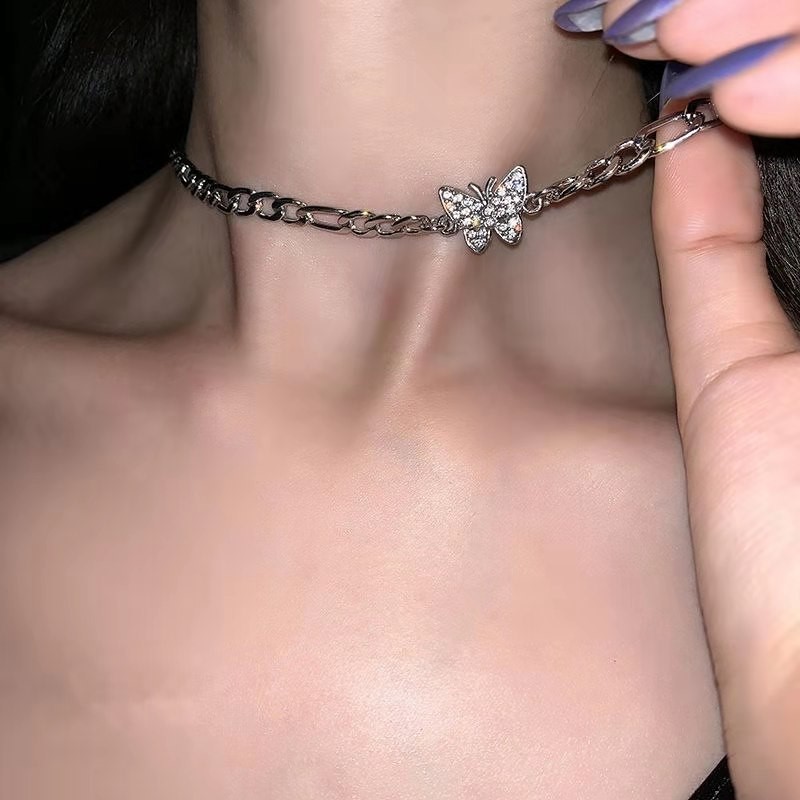 2PCS New Zircon Butterfly Pendant Choker Light Luxury Aesthetic Niche Clavicle Silver-plated Necklace Jewelry Women Gifts