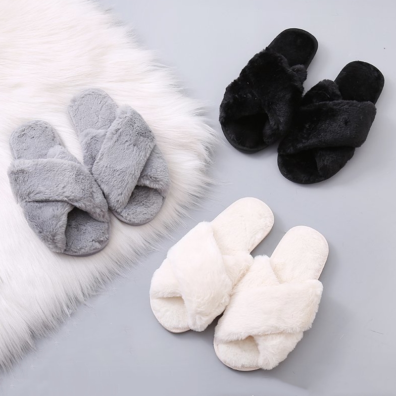Women Fashion Warm Fluffy Slippers Cozy Faux Fur Cross Indoor Floor Slides Flat Soft Furry Ladies Female Flip Flops