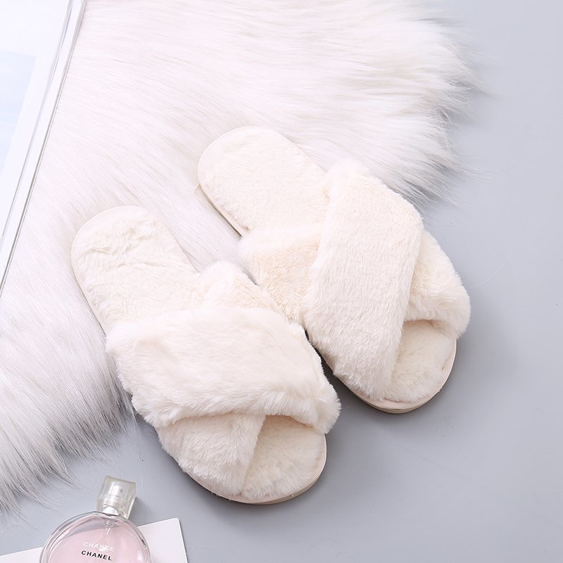 Women Fashion Warm Fluffy Slippers Cozy Faux Fur Cross Indoor Floor Slides Flat Soft Furry Ladies Female Flip Flops
