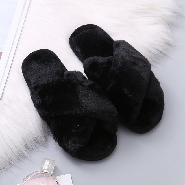 Women Fashion Warm Fluffy Slippers Cozy Faux Fur Cross Indoor Floor Slides Flat Soft Furry Ladies Female Flip Flops