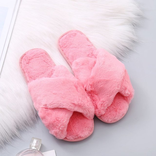 Women Fashion Warm Fluffy Slippers Cozy Faux Fur Cross Indoor Floor Slides Flat Soft Furry Ladies Female Flip Flops