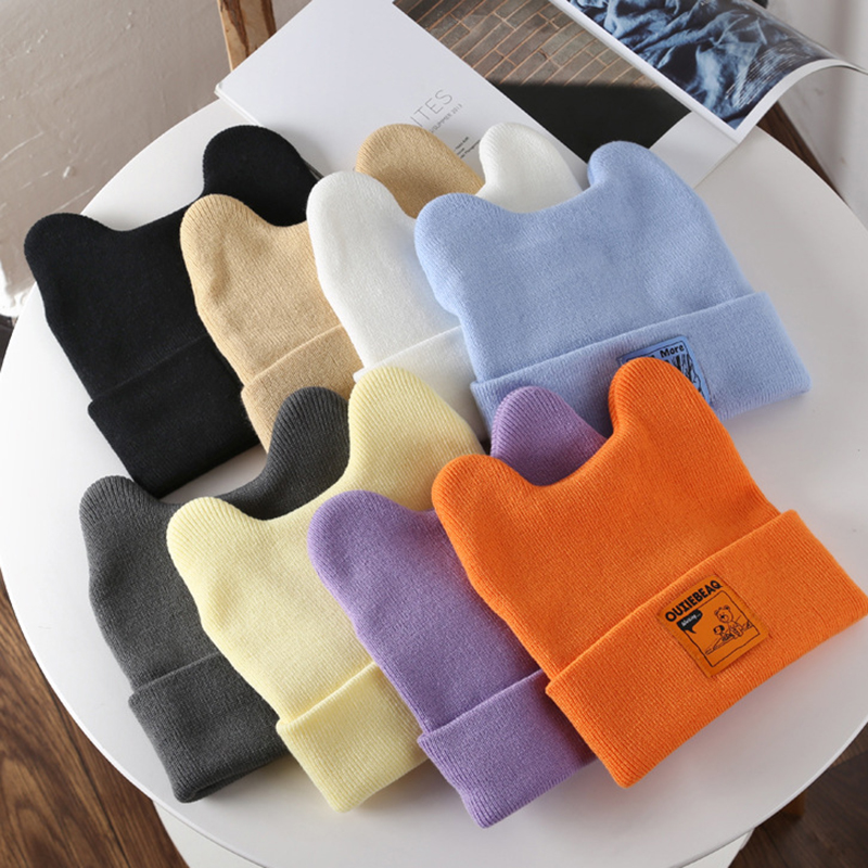 Cute Knitted Hat For Women Winter Keep Warm Beanies Solid Color Sport Brimless Caps Cartoon Bear Ear Cap Lovely Skullies Hats