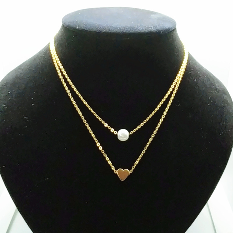 2PCS Bohemia Simple fashion Imitation pearl love Heart Double layer Clavicle chain necklace accessories female Jewelry New