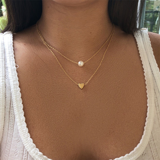 2PCS Bohemia Simple fashion Imitation pearl love Heart Double layer Clavicle chain necklace accessories female Jewelry New